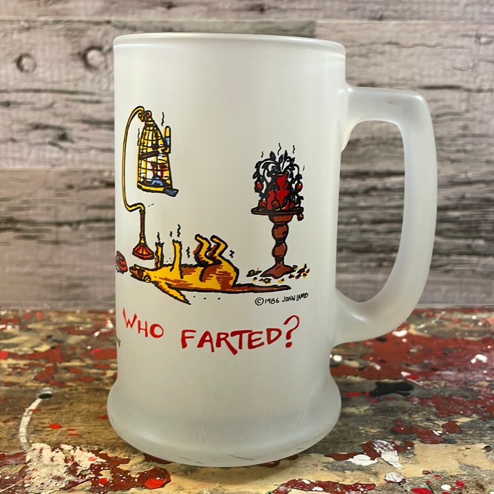 Giftcraft 1986 John Lamb Who Farted Frosted Glass Mug